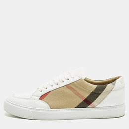 Burberry White/Beige Leather and House Check Canvas Salmond Sneakers Size 40 1242610