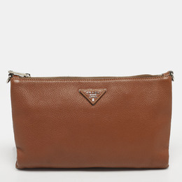 Prada Brown Vitello Daino Leather Logo Flap Chain Clutch 1242362
