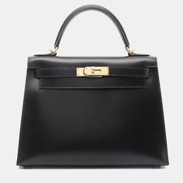 Hermes Kelly 28 Black Box Calf Leather Top Handle Bag 1225170