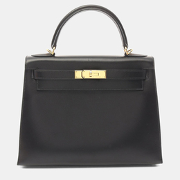 Hermes Kelly 28 Black Box Calf Leather Top Handle Bag 1225136