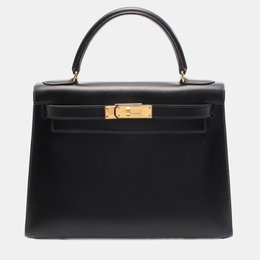 Hermes Kelly 28 Black Box Calf Leather Top Handle Bag 1225151