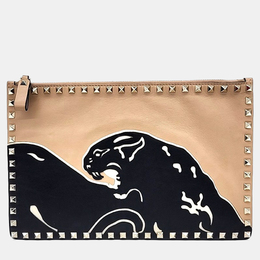 Valentino Beige Black Leather Rockstud Clutch 1243622