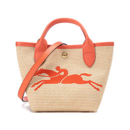 Сумка Дампинг из плетеной льняной соломки с кожаной вставкой, женская наплечная сумка через плечо цвета хаки и оранжевого Longchamp 10162hyt017 | khaki & orange