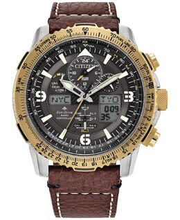 Мужские часы Eco-Drive Promaster Skyhawk с хронографом на коричневом кожаном ремешке, 45 мм Citizen 15734321 | brown