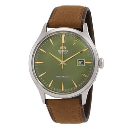 RA-AC0P01E10B, Men's Orient Bambino Version 4 Automatic Watch - Green Dial with Brown Suede Strap