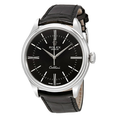 Rolex Cellini Time Analog Mens Watch 18K White Gold Black Dial Alpha Hands Alligator Strap Ref.50509BKSL (black, arb6745)