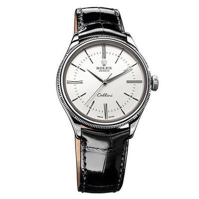 Rolex Cellini Time White Dial Automatic Mens 18 Carat White Gold Watch Ref. 50509WSL (black, arb6748)