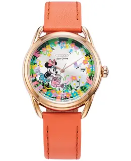 Женские часы Eco-Drive Disney Minnie Mouse с бриллиантовыми вставками на розовом кожаном ремешке, 36 мм Citizen 15810184