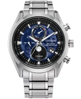 Мужские часы Tsuki-yomi A-T Chronograph Sport Luxury Eco-Drive с серебристым титановым браслетом, 43 мм Citizen 16910686