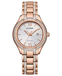 Женские часы Eco-Drive Silhouette Crystal с браслетом из нержавеющей стали розового золота, 30 мм Citizen 12554410