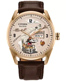Мужские часы Disney Mickey Mouse с кожаным коричневым ремешком 42 мм, технология Eco-Drive Citizen 22685962