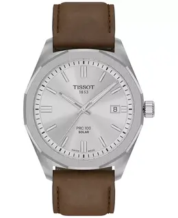 Мужские часы Swiss PRC 100 Solar Quartz с коричневым кожаным ремешком, 39 мм Tissot 21893676