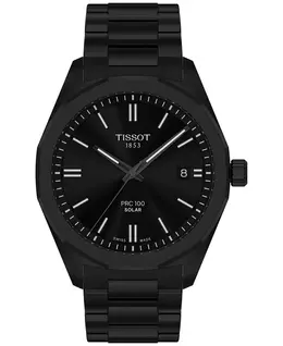 Мужские часы Swiss PRC 100 Solar Quartz на стальном браслете с черным покрытием, 39 мм Tissot 21893677