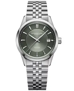 Мужские автоматические часы Freelancer с оливково-зеленым циферблатом на стальном браслете, 38 мм Raymond Weil 21114633
