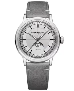 Мужские швейцарские автоматические часы Millesime Moon Phase с серым кожаным ремешком, 40 мм Raymond Weil 21114642