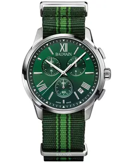 Мужские часы Swiss Chronograph Madrigal с темно-зеленым полосатым ремешком NATO, 42 мм Balmain 20067407