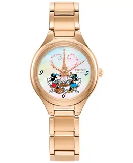 Женские часы Eco-Drive Disney Mickey & Minnie Take Paris с браслетом из нержавеющей стали розового золота, 29 мм Citizen 22685949