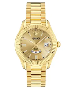 Мужские часы Swiss Apodis GMT с золотым ионным покрытием на браслете 41mm Versace 23635978