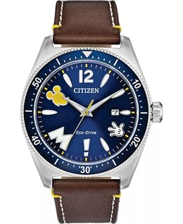 Часы Микки Маус с классическим коричневым кожаным ремешком, 43 мм Citizen 10374574