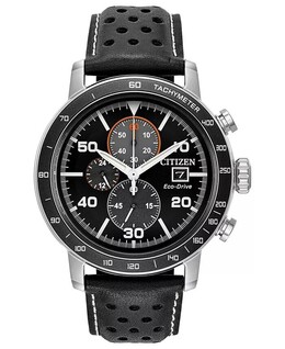 Мужские часы Eco-Drive с хронографом, черный кожаный ремешок, 44 мм Citizen 4849683