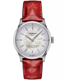 Женские швейцарские автоматические часы Chemin des Tourelles Powermatic 80 с красным кожаным ремешком, 34 мм Tissot 15961037