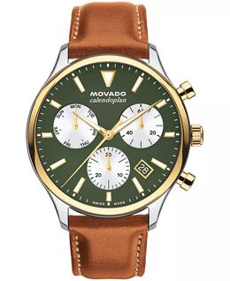 Мужские кожаные часы Calendoplan Swiss Quartz Chrono Cognac 43 мм Movado 19356700