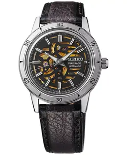 Мужские автоматические часы Presage в стиле 60-х годов с коричневым кожаным ремешком, 40 мм Seiko, black 22857739 | black