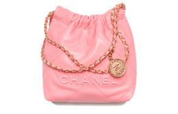Chanel Сумка 22 блестящая зернистая тисненая телячья кожа и металлическая сумка-ведро, сумка через плечо, мини-кроссбоди для женщин кораллово-розовый as3980-b14407-nr646