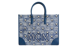 MCM Сумка-шоппер, большая женская сумка из кожи наппа и жаккардовой ткани, синяя mwtbatq01lu001
