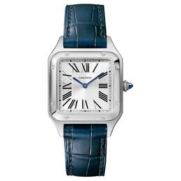 Cartier Женские часы Santos de с кварцевым механизмом, 38 мм, серебристый циферблат, стальной корпус, ремешок из крокодиловой кожи wssa0086