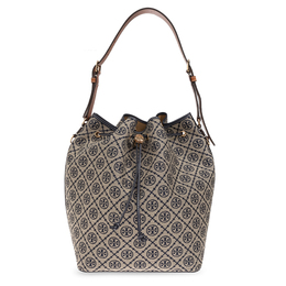 Tory Burch Монограмма T из ткани с кожаной отделкой, ведерко, женская сумка через плечо обычного размера, бежевая 169125-405