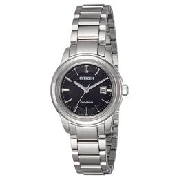 Citizen Часы женские с кварцевым механизмом на световой энергии, стальной браслет, 31 мм, черный циферблат fe1070-55e
