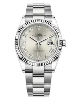 Rolex Datejust 36 Steel & White Gold Silver Diamond Pave Roman Dial Women's Watch m126234-0030