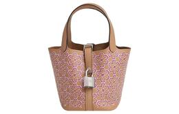 Hermes Сумка Picotin Lock Swift Calfskin, ведро, женская 14 Tea Brown/Rose Pink/White h083697ckad