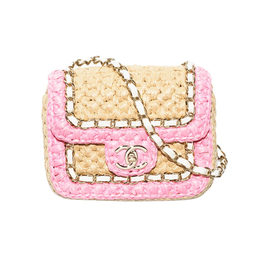 Сумка через плечо из рафии с кожаным клапаном мини для женщин pink & beige Chanel, Set (Bag+Dust Bag) as4556-b14884-nt367