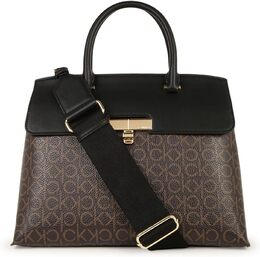 Женская сумка-сэтчел Calvin Klein Becky Turn Lock - 2 в 1, веганская кожа, 3 кармана, Brown/Khaki/Black b0bn8nkk9d | brown/khaki/black